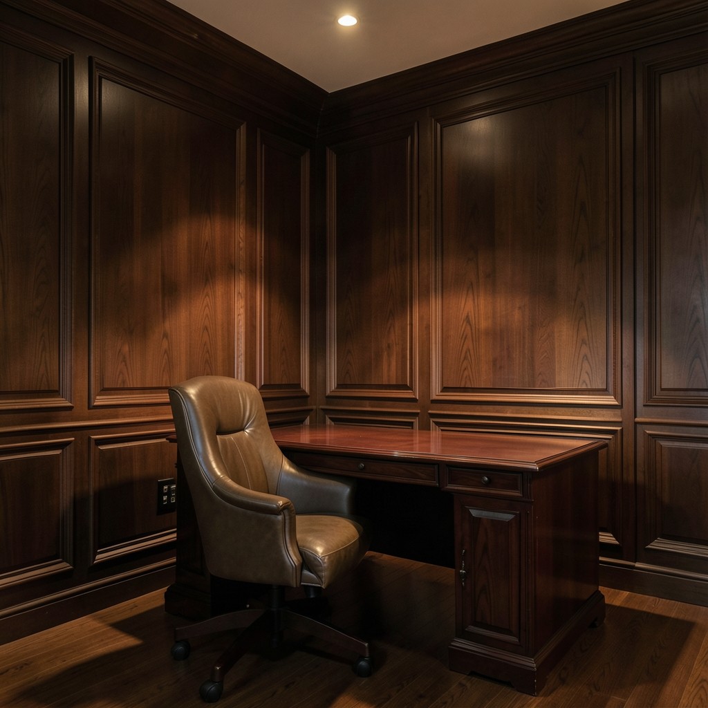 Quiet Bangkok office interior with dark wood and soft gold lamp light