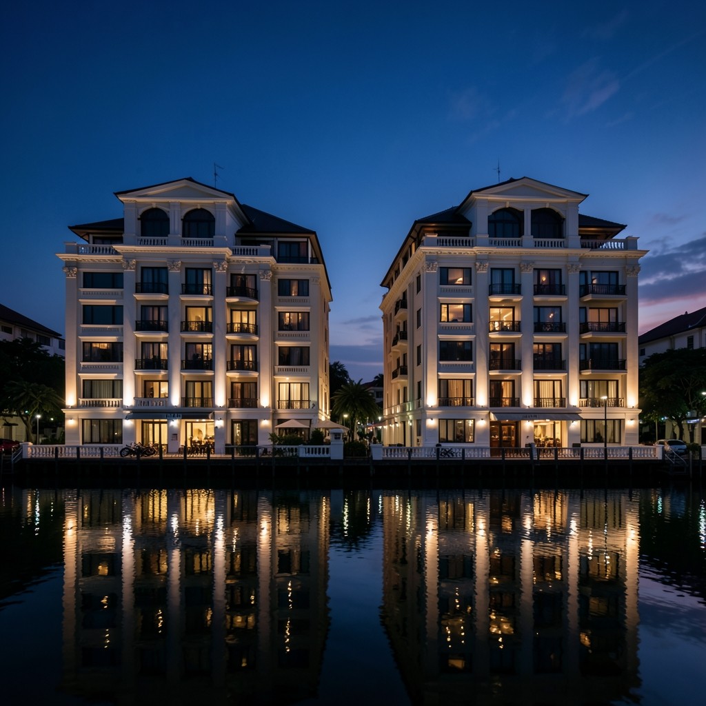 Two building elevations photographed at twilight across a Bangkok canal