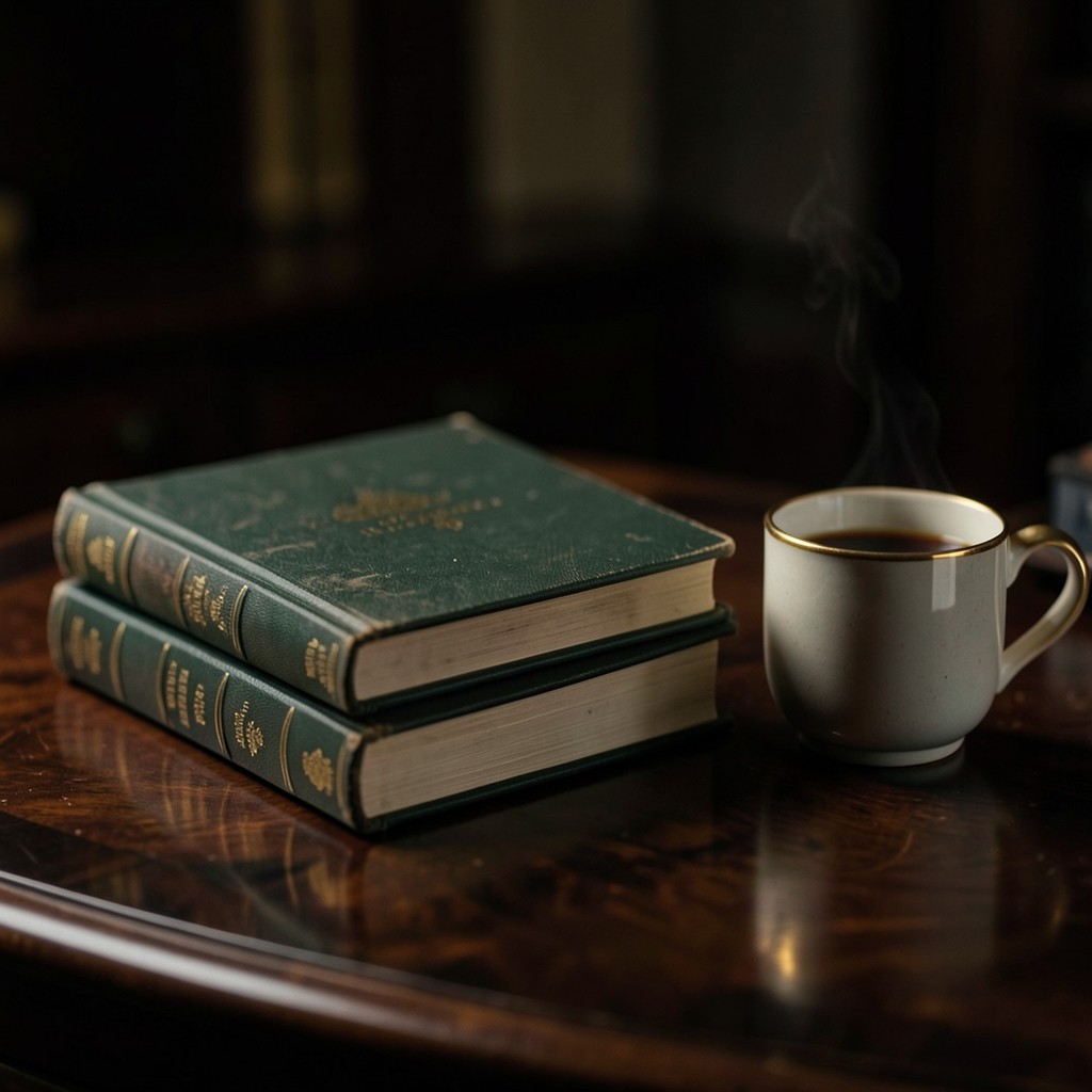Stack of bound quarterly briefing packs beside a ceramic cup