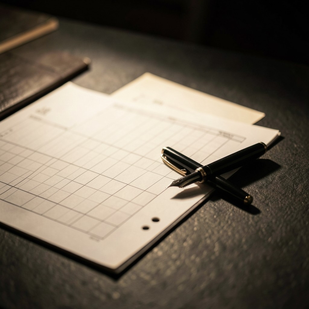 Close view of printed rent roll sheets with a fountain pen on dark paper