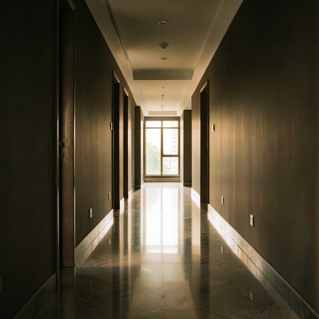 Quiet residential corridor with soft afternoon light through windows