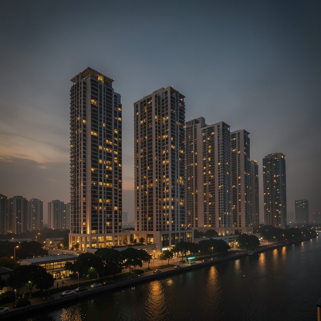 Bangkok residential towers at dusk with warm interior lights across the skyline