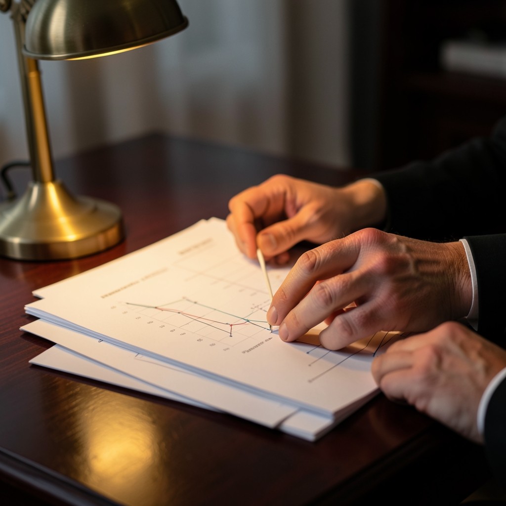 Hands arranging chart pages for a portfolio briefing on a dark desk