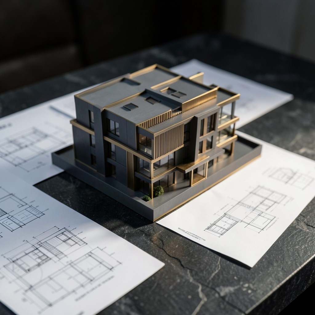 Architectural model and printed comparison sheets on a dark stone surface
