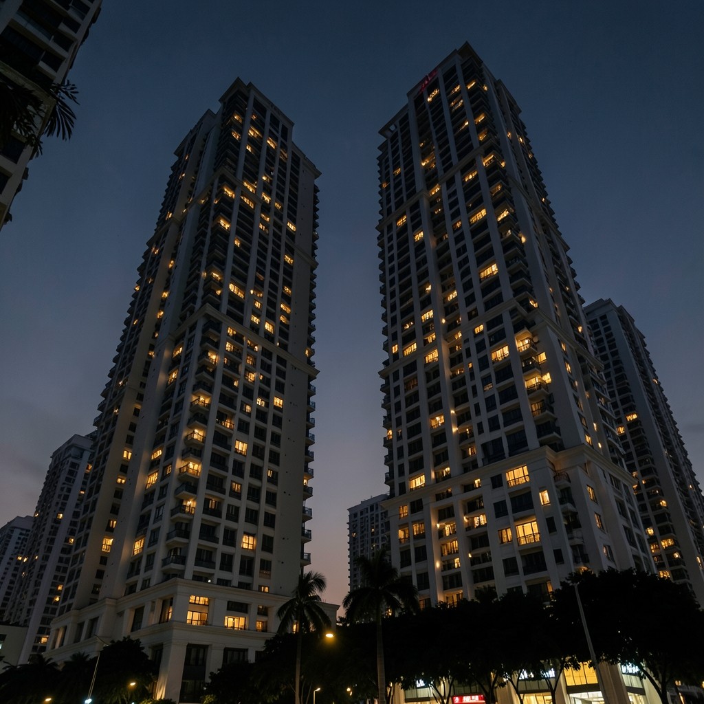 Bangkok residential towers at dusk with warm window lights