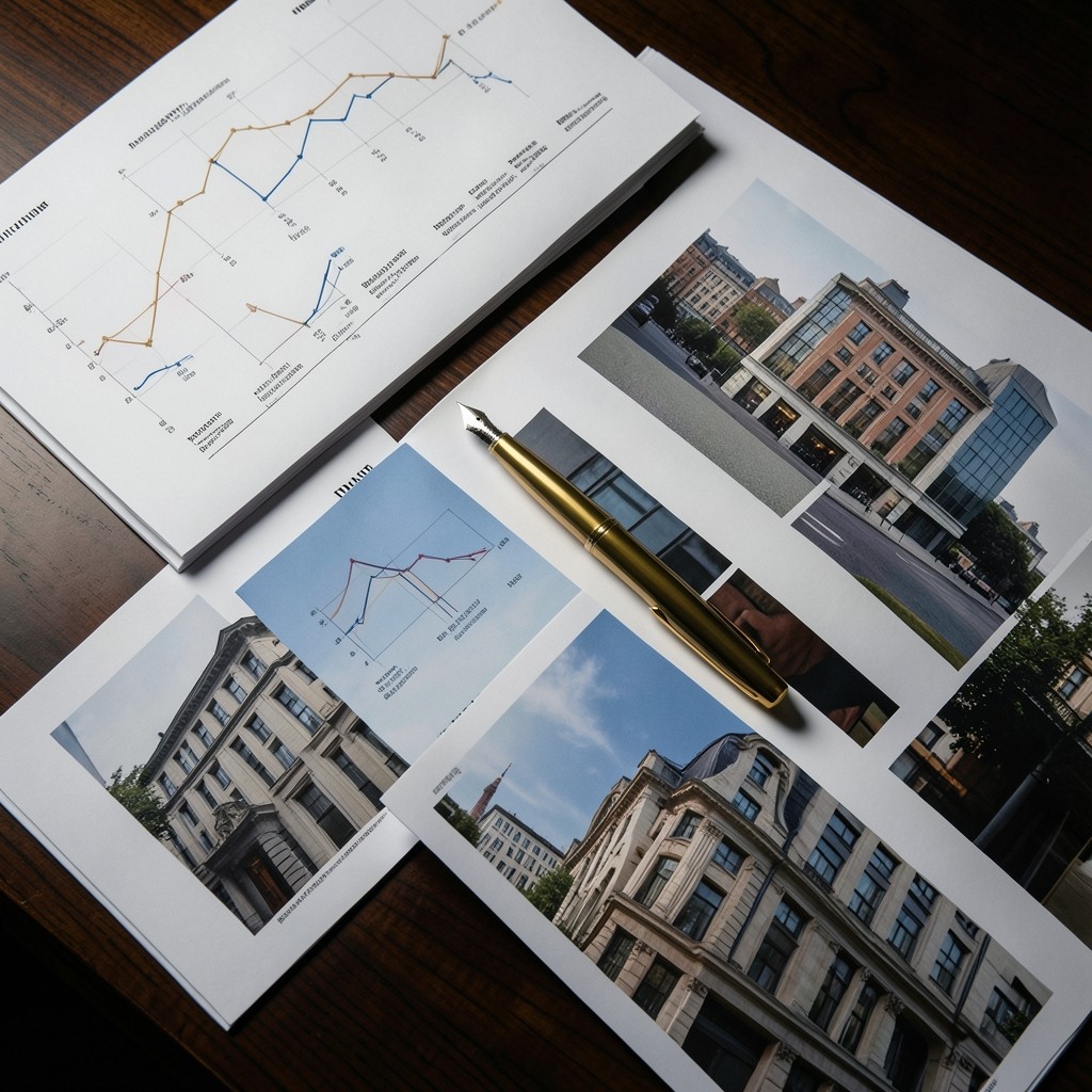 Printed portfolio charts and building photographs arranged on a dark walnut desk