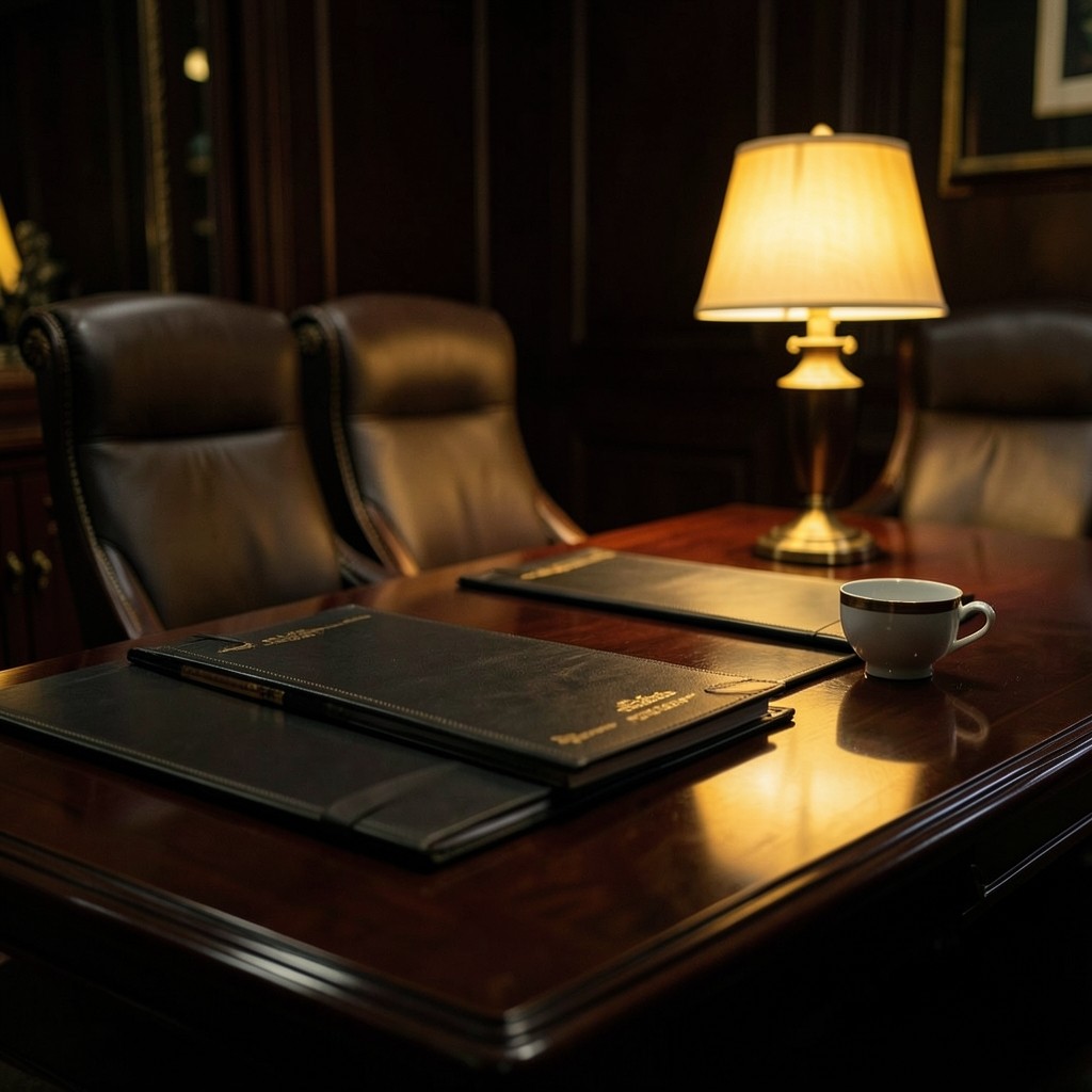 Conference table with quarterly report folders under soft lamplight
